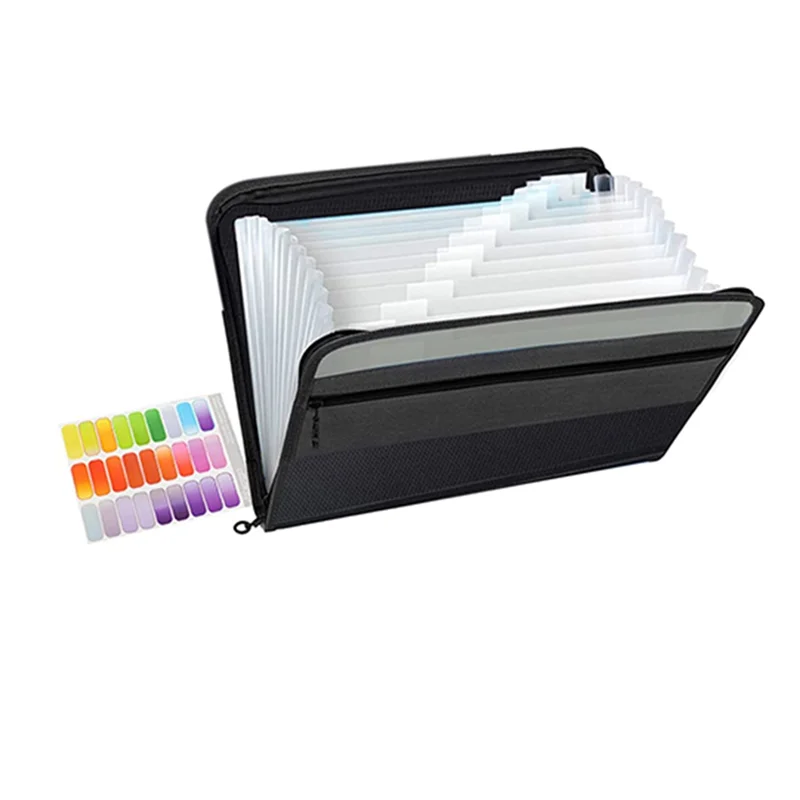 2X 13 Pockets Expanding File Folder A4 Plastic Document Wallet Organizer For Personal Office Stationary Storage(Black)