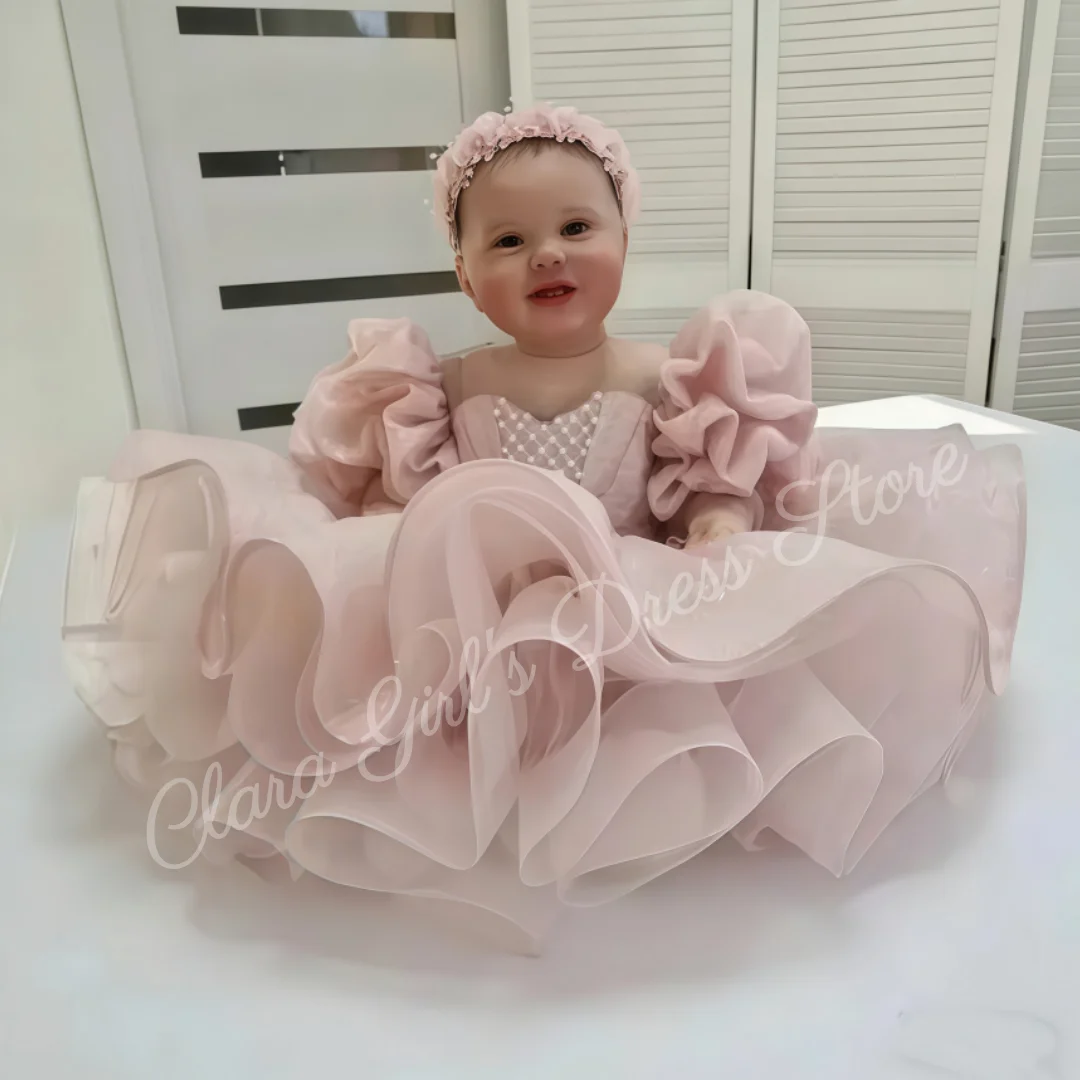 Adorable vestido de niña de flores con decoración de lazo de perlas, falda hinchada de manga corta, perfecto para fiestas de cumpleaños de bebés, primera comunión