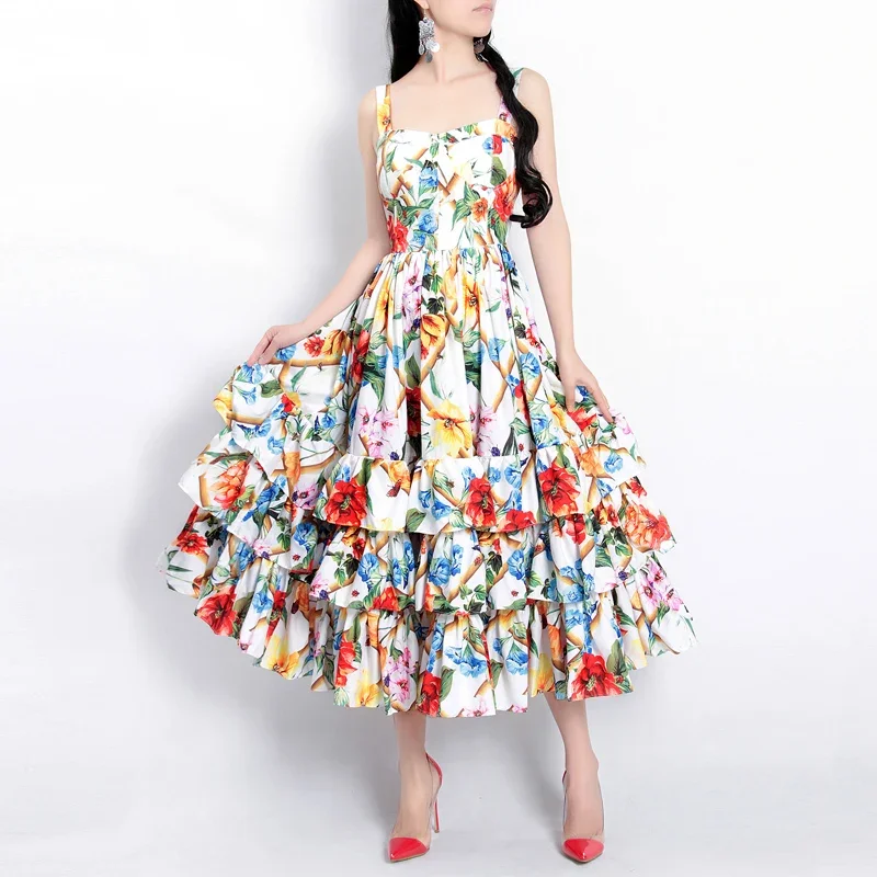 

Fashion Designer Runway Dress Spring Women Spaghetti Strap Backless Floral Print Ball Gown Cascading Ruffle Beach Dress Elegant