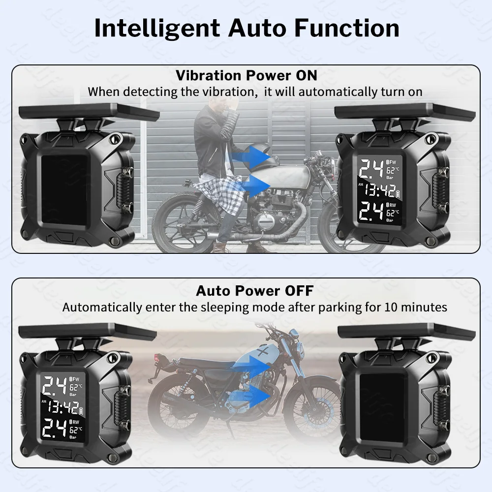 Solar Charging Wireless Motorcycle TPMS Motor Tire Pressure Tyre Temperature Monitoring Alarm System With 2 External Sensors view 5