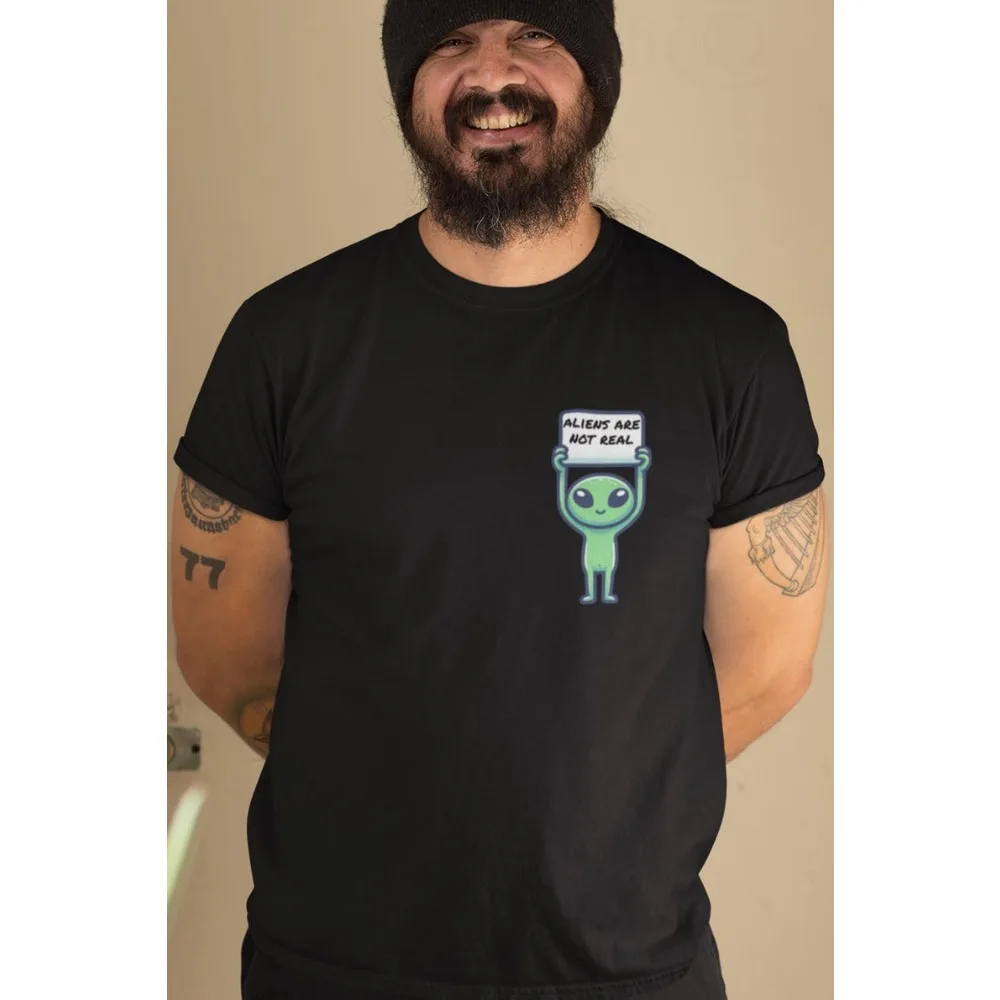 

Футболка «Инопланетяны не настоящие» с юмором. Симпатичная инопланетянин истины. Теористы заговора. Одежда. Идея подарка. Летняя женская и мужская футболка.