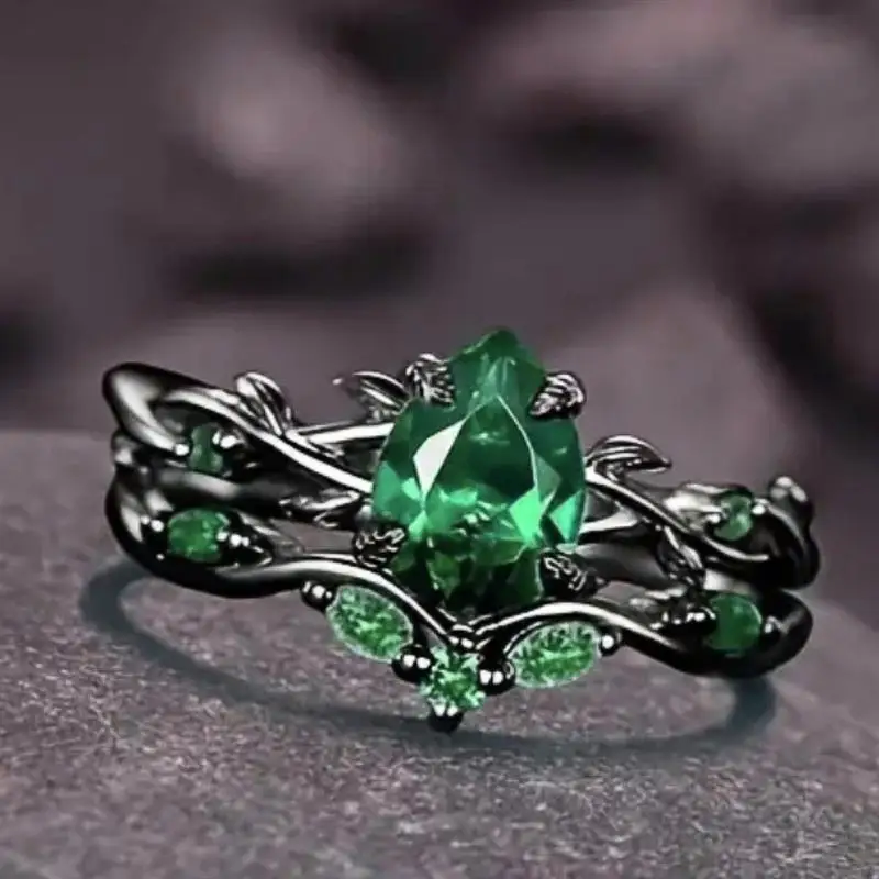 Huitan Leaf Vine Women Black 2pcs/set Ring Inlaid Bright Green Pear CZ Elegant Party Wedding Accessories Stylish Lady Jewelry