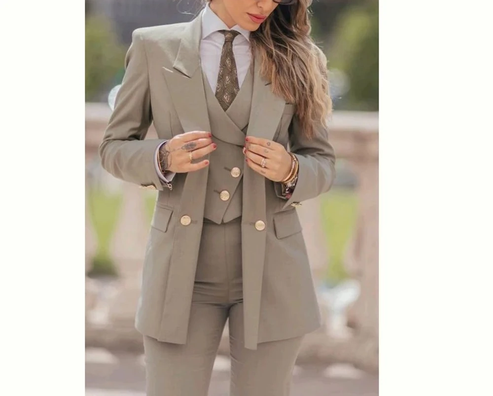 

Elegant Women Suit 3 Piece Jacket Vest Pants Double Breasted Female Clothing Smart Formal Office Lady's Blazers Sets