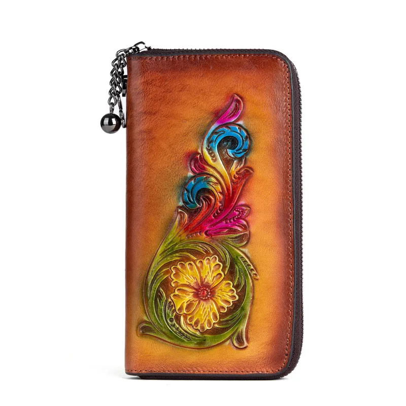 3D Floral Genuine Leather Purse Woman Large Long  Real Leather Clutch Fashionable Ladies Cow Leather Wallets
