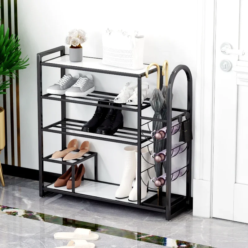 

​ Полка для обуви с железной рамой и подставкой для зонтов, без сборки, органайзер для прихожей в скандинавском стиле, компактное решение для хранения в коридоре