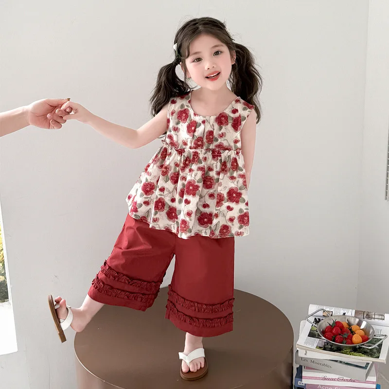 Girls' summer outfit set 2026 new thin and stylish children's floral sleeveless wide leg pants summer two-piece set