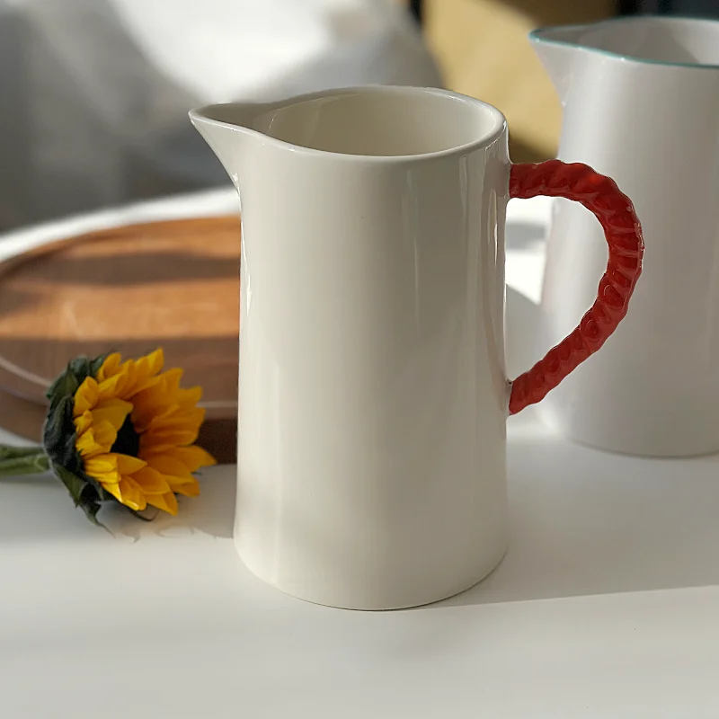 

LMM elegant milky white green handle kettle household oil pot Nordic style simple flower arrangement flat fresh pottery