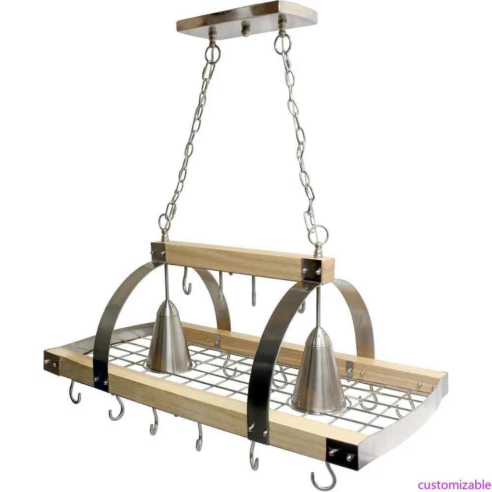 

Wood Pot Rack with 2 Lights and Downlights, Brushed Nickel Accents, for Kitchen
