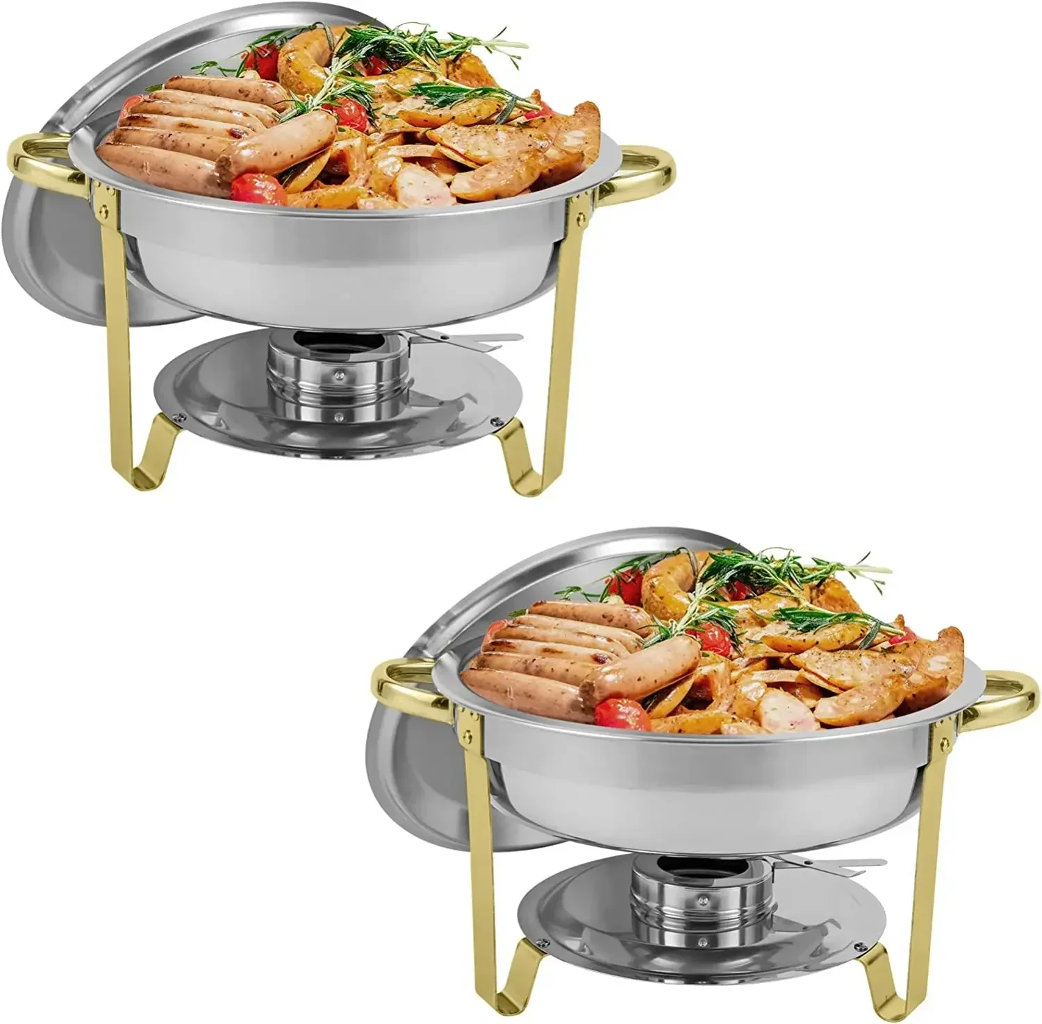 Chafing Dish Buffet Set 2 Pack Round Stainless Steel Foldable Chafers and Buffet Warmers Sets 5 QT Full Size w/Water Pan, Food P