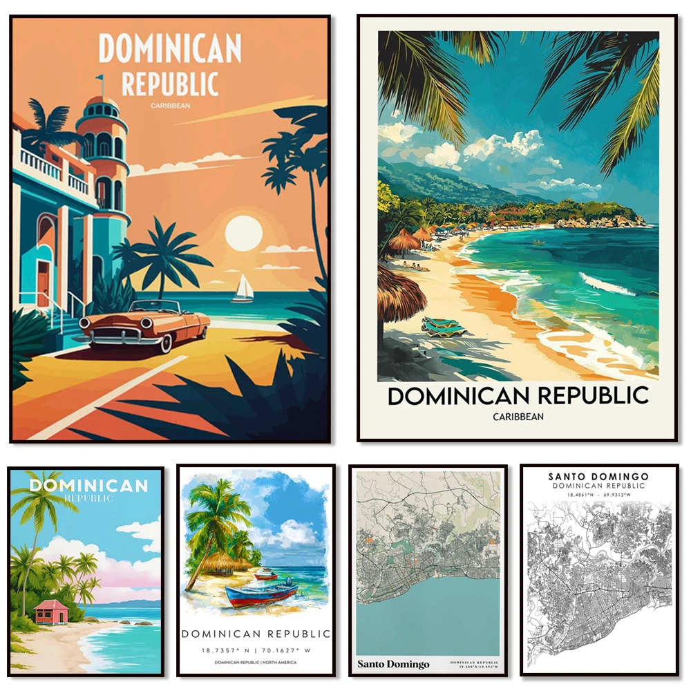 Dominican Republic, Santo Domingo city map, Caribbean Sea, Bayahibe rose botanical art, Santo Domingo city travel poster