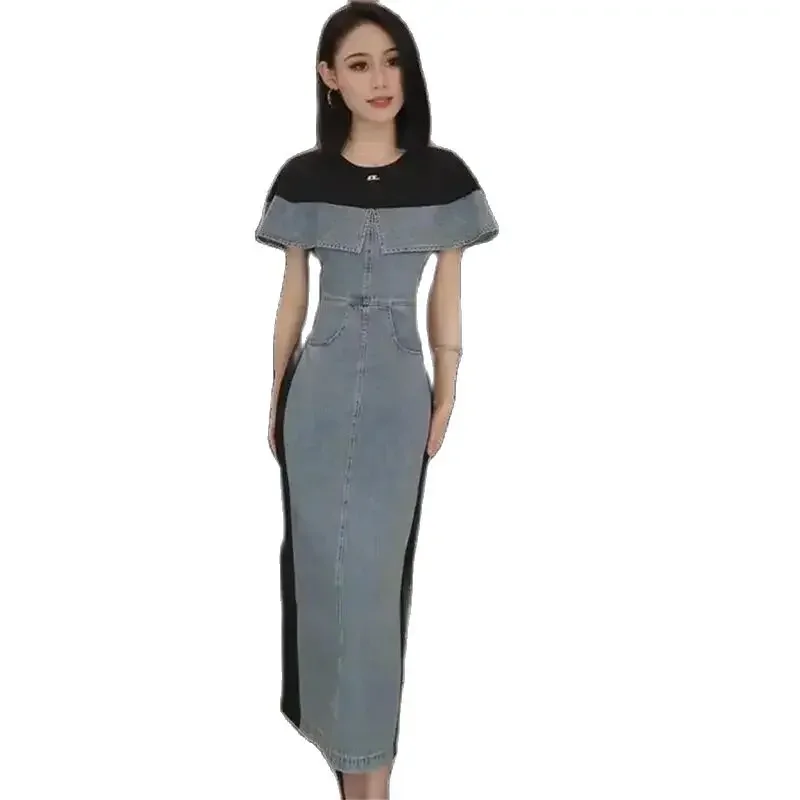 Denim Stitching Ruffled Temperament Dress Women's Spring Summer Vestidos 2024 New Waist-Folding Slit Cowgirl Dresses Top Female