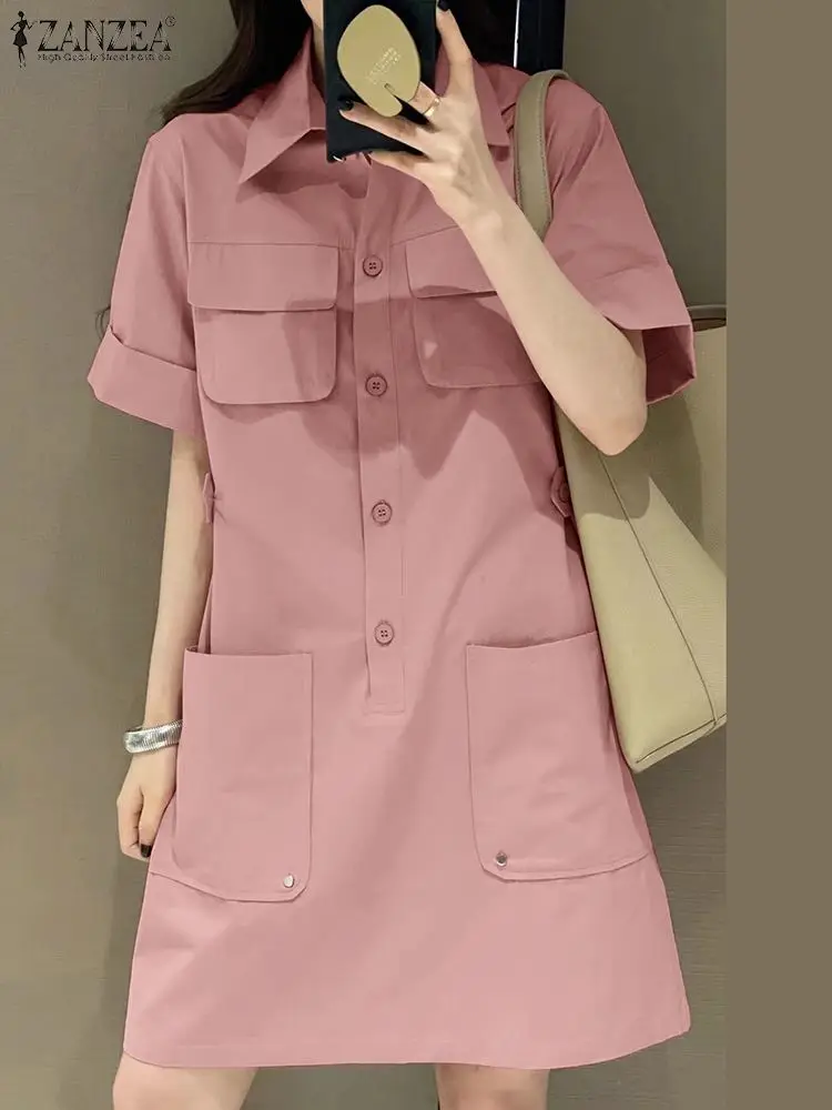 

ZANZEA Summer Elegant Shirt Dress Women Lapel Neck Short Sleeve Work Sundress Cargo Vestidos Casual Holiday Sundress Kaftan