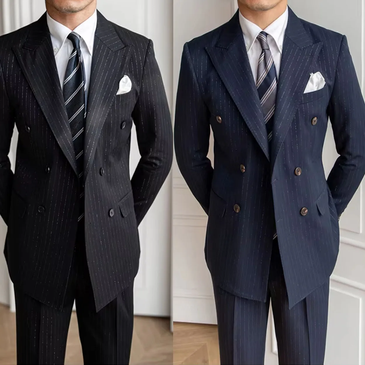 

Metallic Stripe Men Suits Set High Quality Formal Double Breasted Peak Lapel Suit Slim Fit Smart Casual Tuxedo Blazer Pants