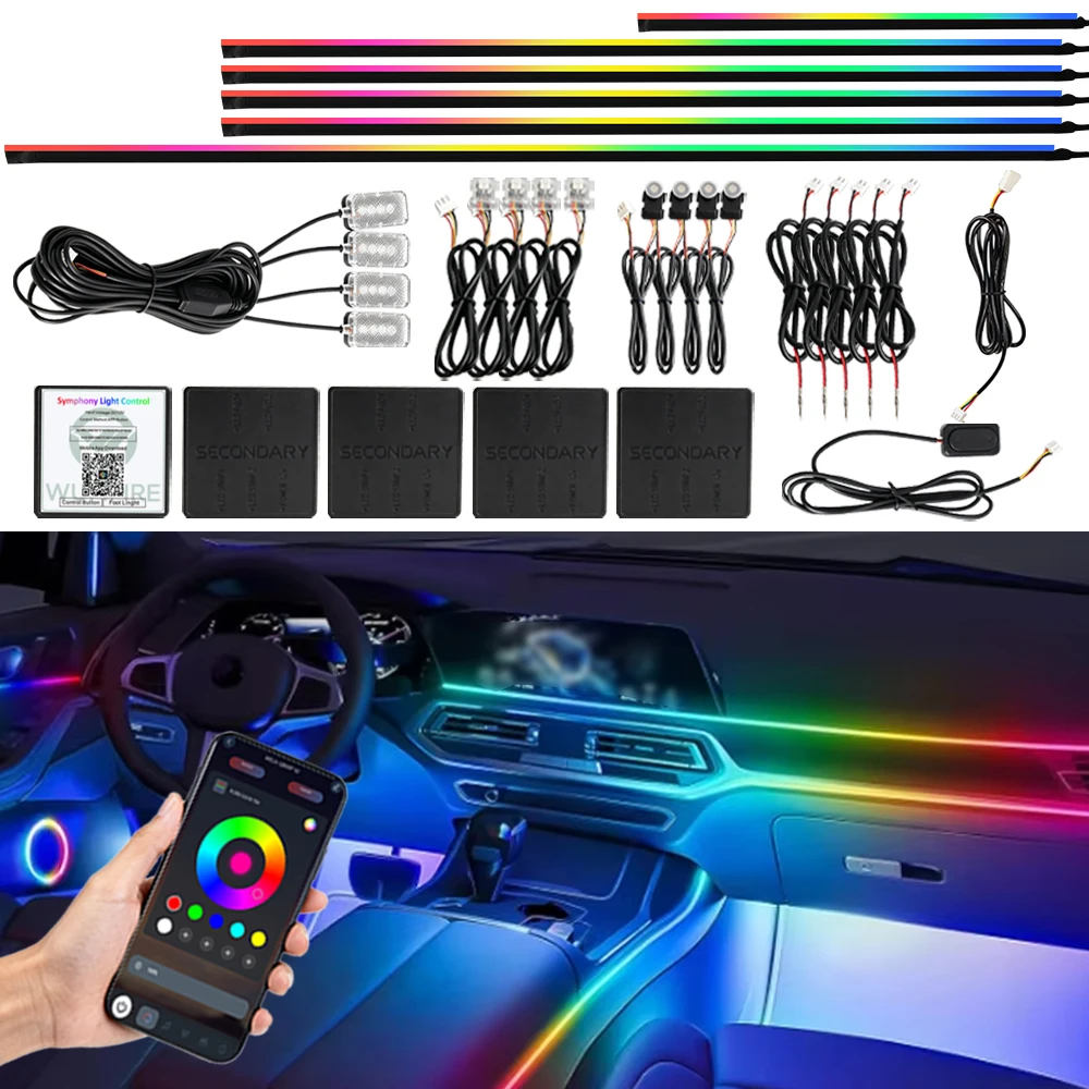 Zestaw oświetlenia ambientowego do samochodu 6/10/18, 64 kolory RGB, symfoniczny streamer, akrylowa, ukryta listwa LED muzyczna, lampa atmosferyczna, sterowanie przez aplikację.