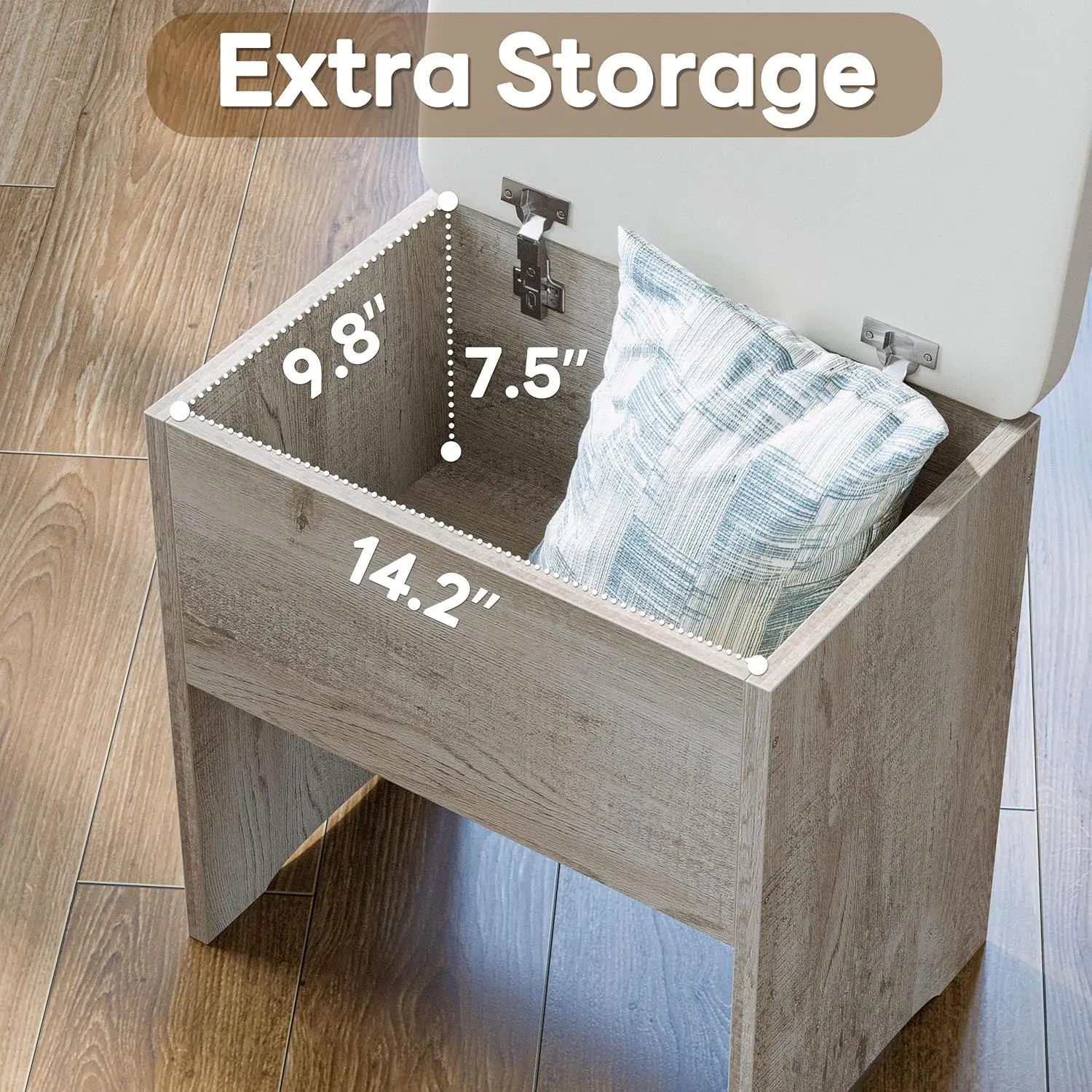 Compact Makeup Vanity Desk with Mirror, Lights, Storage Drawer, Chair and Shelves in White Walnut Finish