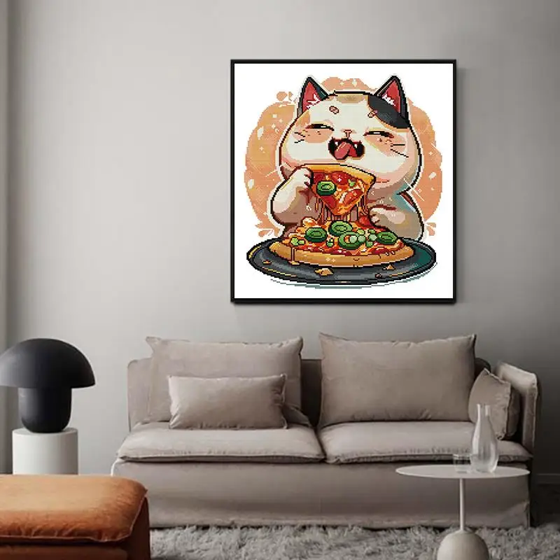 Pizza-loving kitten DIY Kids Handmade Cross Stitch Kit Cartoon Pattern Aida 14 16 11CT White Cloth Printed Fabric Embroidery Set