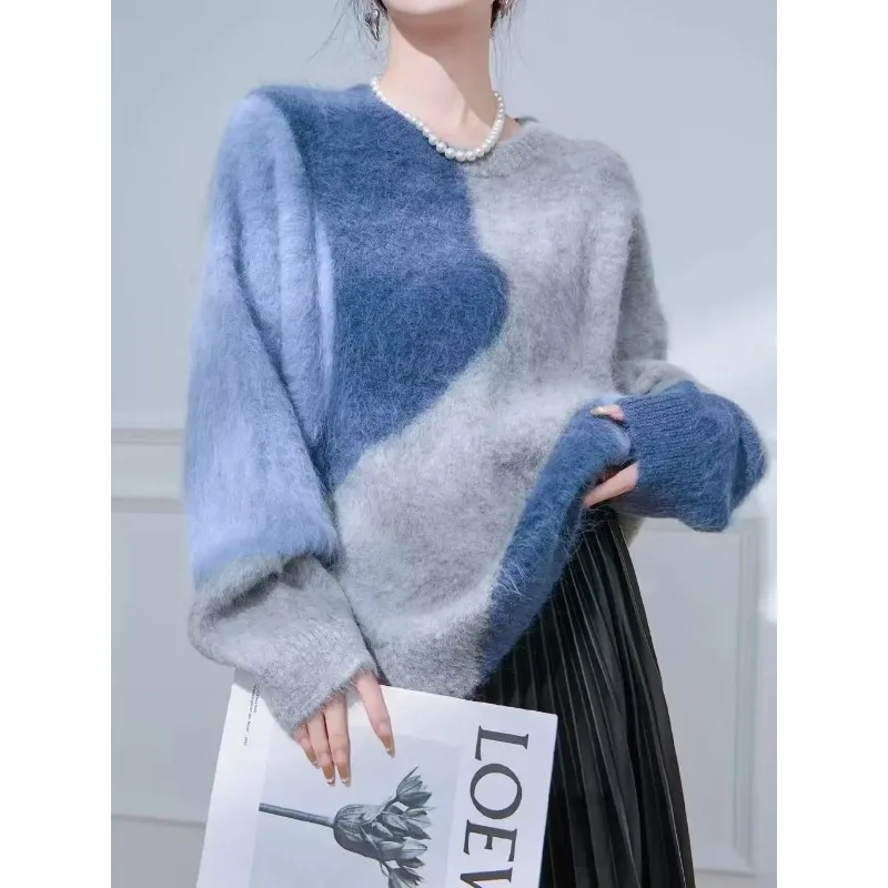 

Women's Blue Retro Patchwork Mohair Fur Coat round Neck Lazy Style High-End Knitted Sweater for Autumn Winter 2025