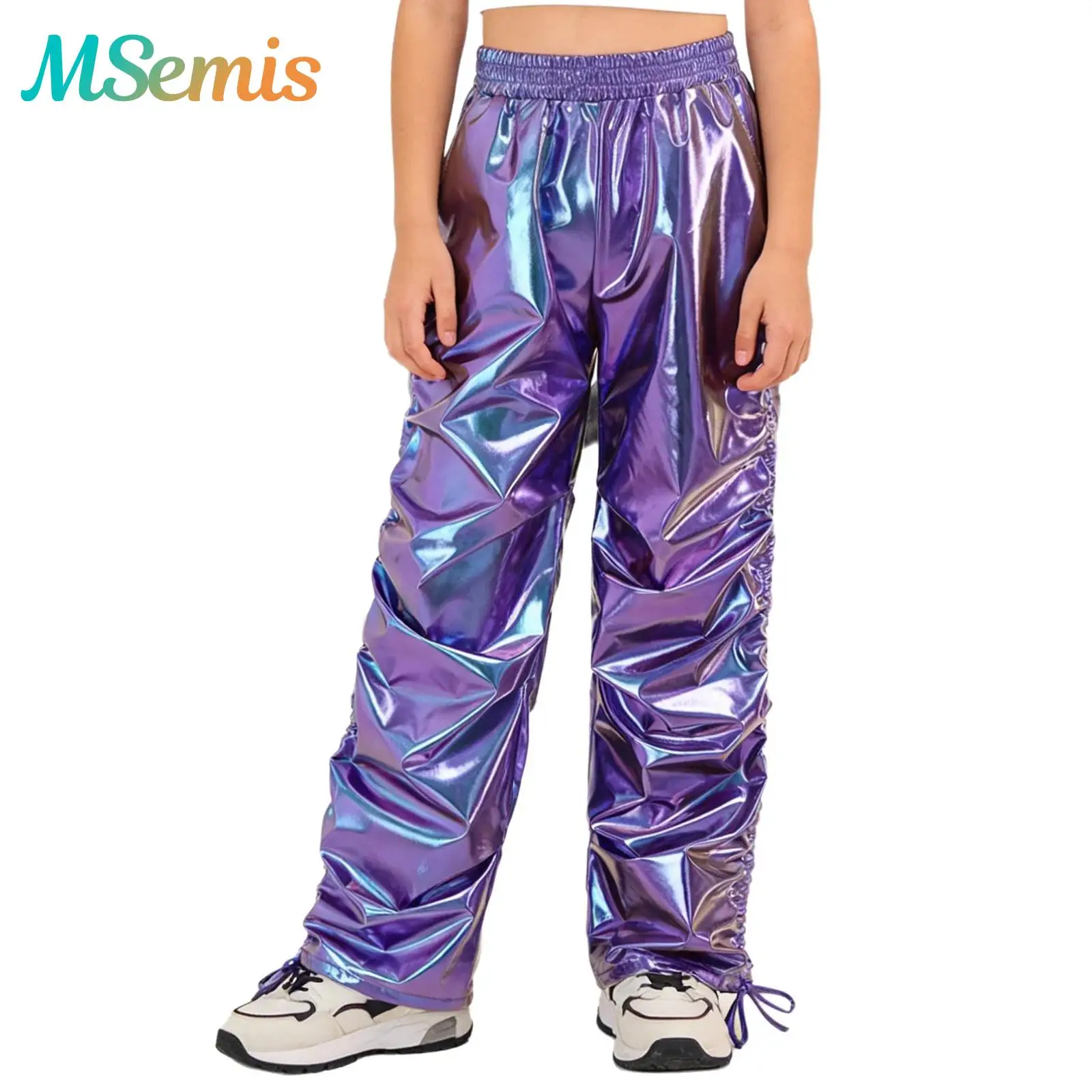 

Детские брюки для джазовых и уличных танцев для мальчиков и девочек, костюм для выступлений, металлические брюки в стиле хип-хоп с завязками, джазовые брюки с драпировкой и карманами