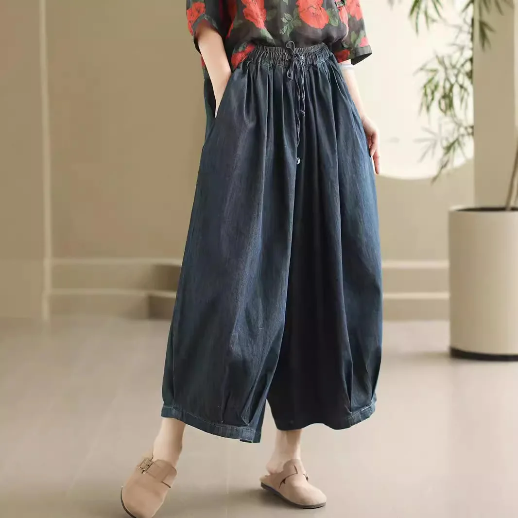 Women's Vintage Cotton Denim Pants Autumn Fashion Solid Color Simple Basic Thin Jeans Female Soft Loose Casual Harem Trousers