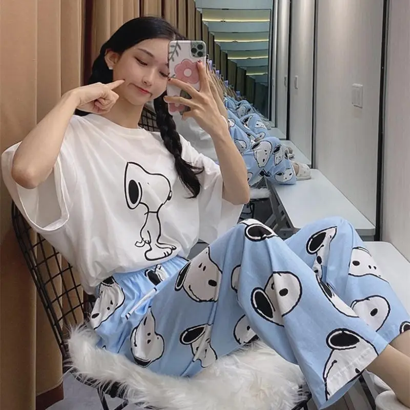 Cartoon Snoopy Sleepwear Trouser Suit Pajama Soft Home Wear Short Sleeve Loungewear Set Loose Round Neck Couple Cute Girls Gift