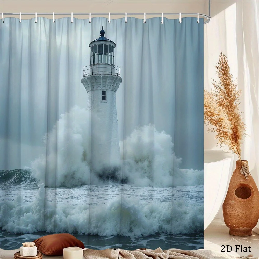 1pc a Shower Curtain Featuring a Lighthouse And Ocean Waves, Showcasing a Dramatic Scene with a Stormy Sky. This Coastal-Themed