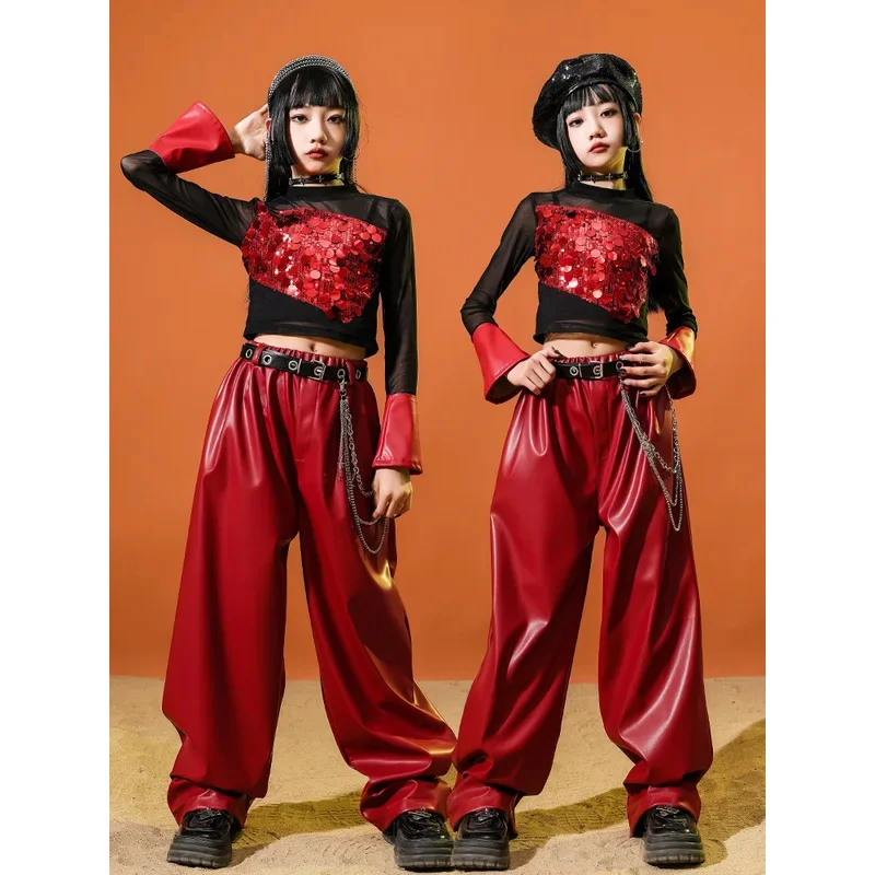 

Red Sequin Jazz Dance Clothes Fashion Girls Hip Hop Costume Cropped Suit Kpop Performance Outfit Catwalk Stage Clothing