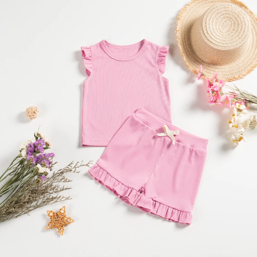 2024 Summer Hot selling Girl Baby Daily Casual Minimalist Style Girl Baby Polyester Set Refreshing Sleeveless Shorts Set