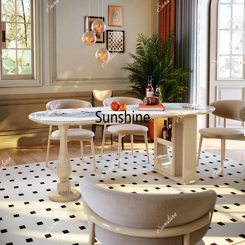 YFrench retro lotus leg rock slab dining table small apartment design creative semi-oval