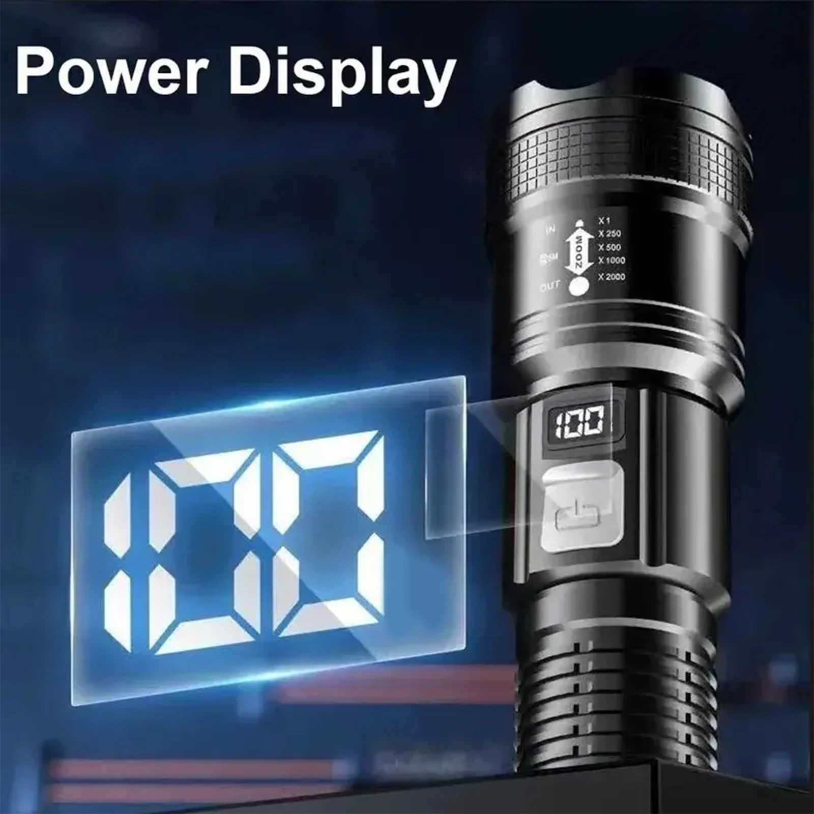 مصباح يدوي LED قابل لإعادة الشحن، شعلة زوومابلي مع شاشة LCD، 3 أوضاع مقاومة للماء، مصباح يدوي عالي الطاقة للتخييم في الهواء الطلق