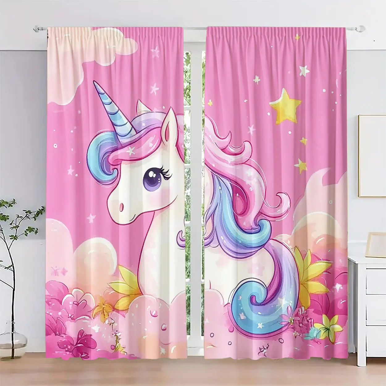 

2pc cute unicorn curtain with rainbow mane and stars for kids room privacy and decor magical fantasy style Without curtain rod