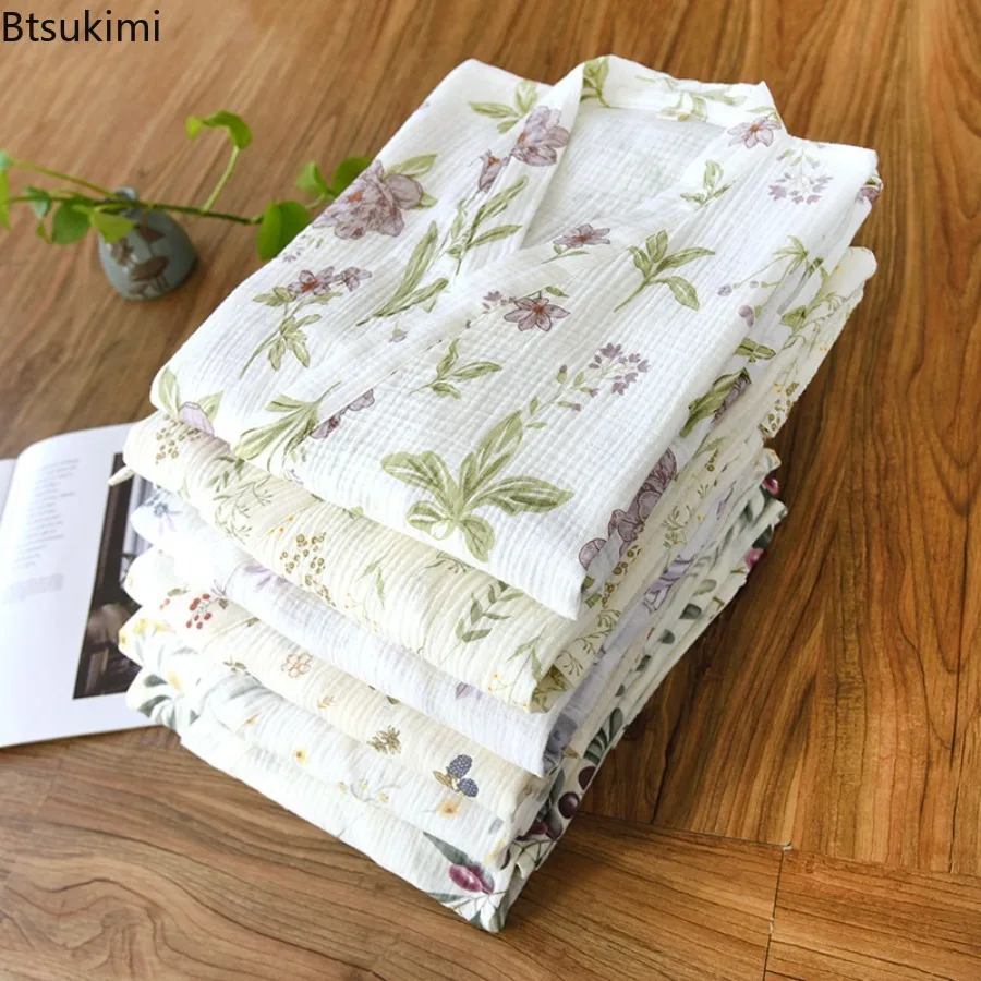 2025 Kimono Women's Robe 100% Cotton Robe Loose Flower Print Night-robe Pajamas for Women Robe V-Neck Pajamas Bathrobe Ladies