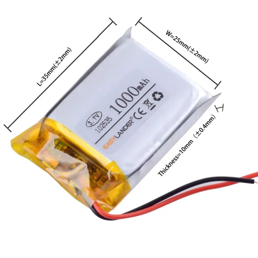JST XHR 2.0 1.0 1.25  3.7V 1000mAh 102535 Lithium Polymer LiPo Rechargeable Battery For Mp3 headphone PAD DVD bluetooth camera