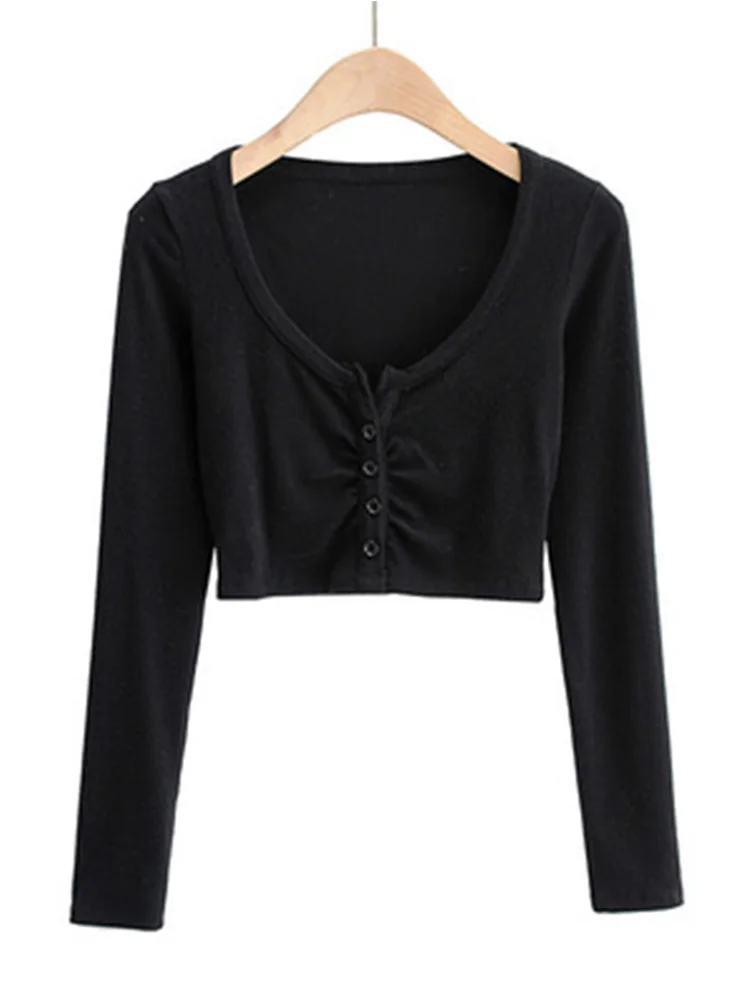 Top e camicette da donna con fondo a maniche lunghe con scollo a V sottile Cardigan con ombelico aperto in tinta unita High Street