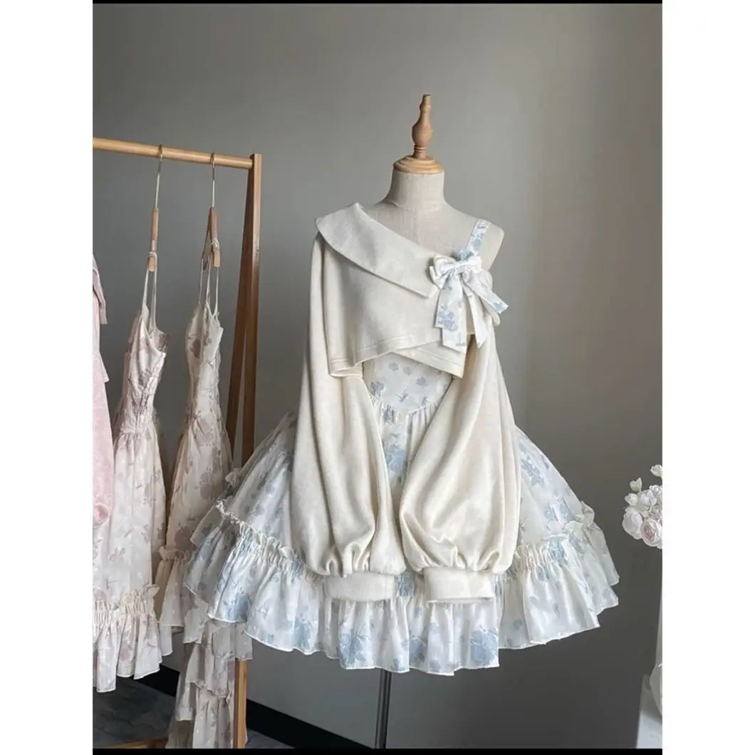 ชุดเดรสสไตล์โลลิต้าหวานๆ ชุดเซ็ต 2 ชิ้น เสื้อคลุมสั้นโบว์ผูก ชุดมินิเดรสลายดอกไม้ น่ารัก สไตล์เกาหลี ชุดไปงานปาร์ตี้ชายหาดสำหรับผู้หญิง