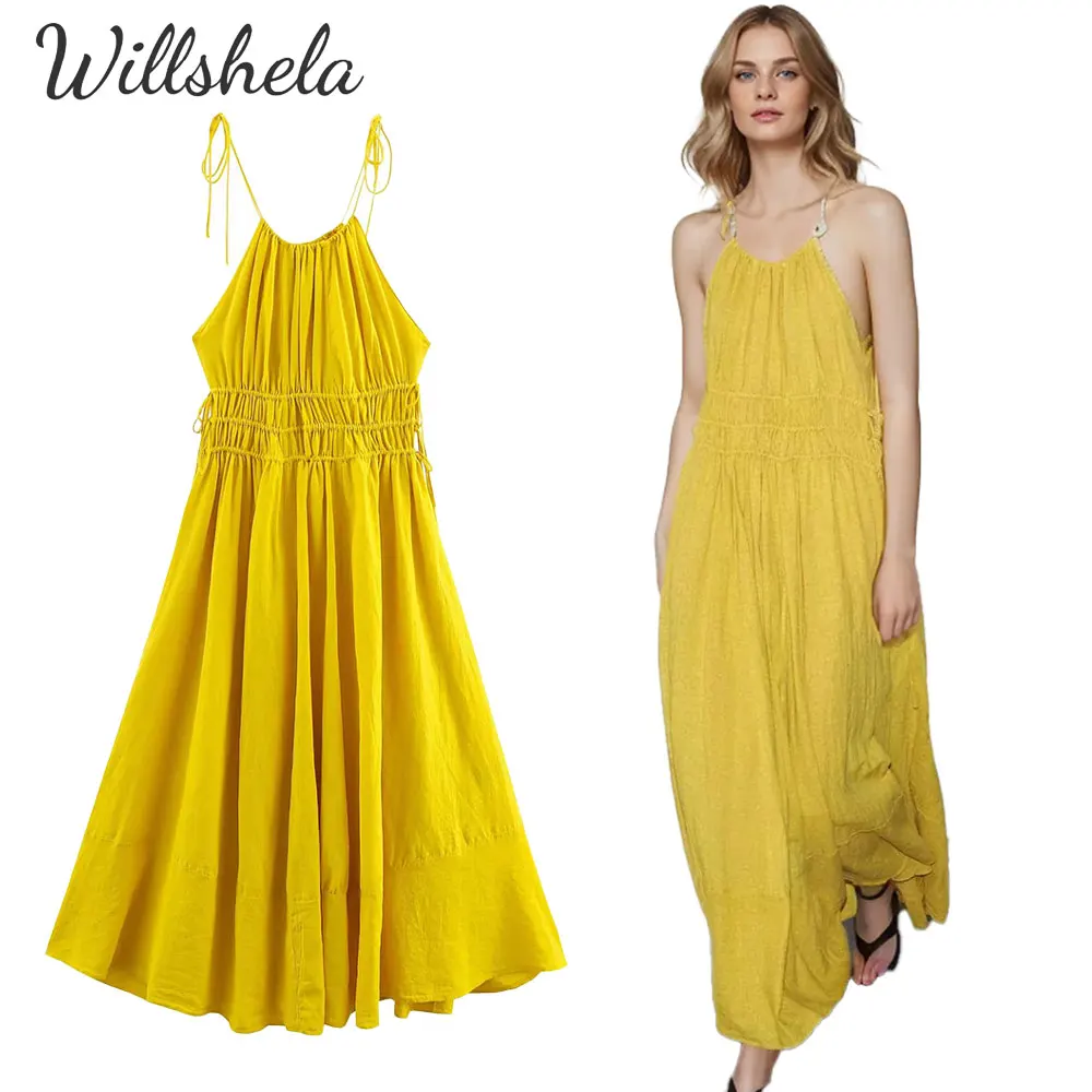 

Willshela Women Fashion Yellow Linen Midi Camisole Dress High Waist Loose Sleeveless Female Chic Casual Long Vestidos