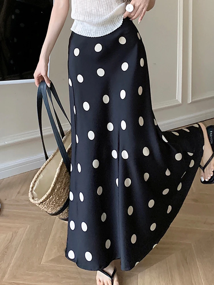 2024 Spring Y2K Dot Printed Women Casual Elastic Waist Skirt Elastic High Waisted A-Line Female Satin Long Skirt Jupe