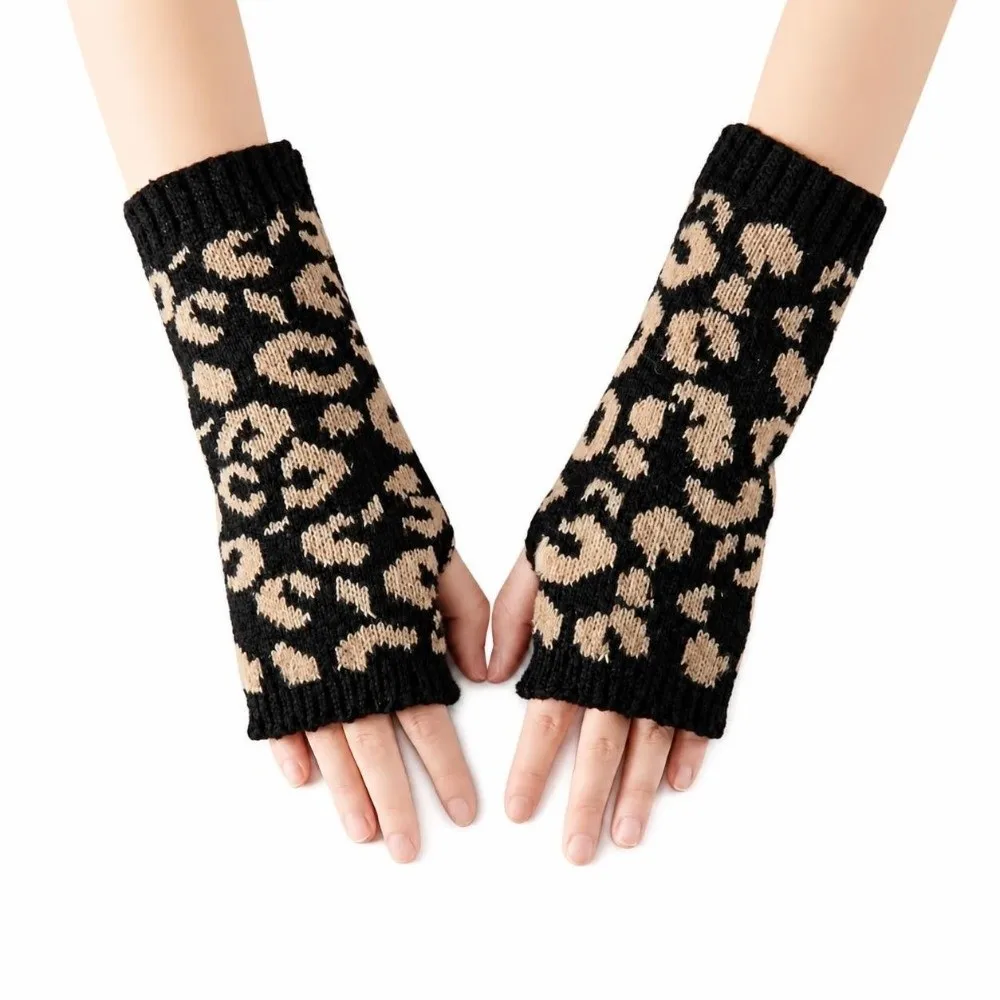 Leopard Print Women's Knitted Gloves Cold-Proof Touchscreen-Friendly Driving Gloves Windproof Thicked Fingerless Gloves