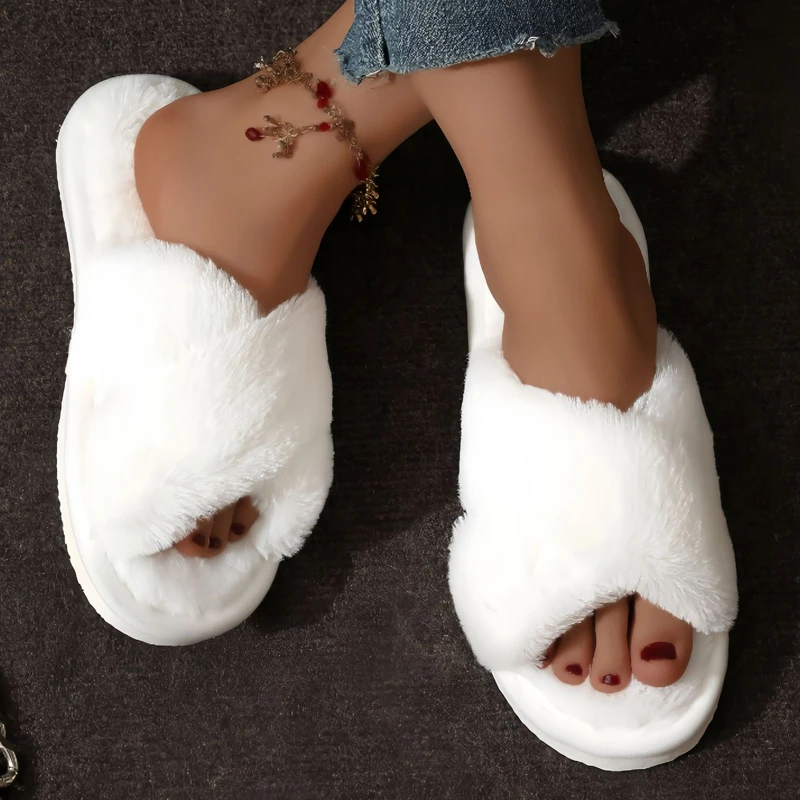 Cross Warm Fluffy Furry Slippers Women Lightweight Flat Heels Fur Slides Woman Autumn Winter Open Toe Non Slip Home Floor Shoes