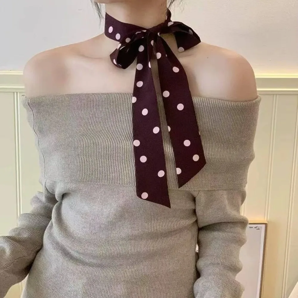 

Vintage Polka Dot Long Narrow Scarf Striped Print Grid Chiffon Neck Bandana DIY Decorative Choker Women