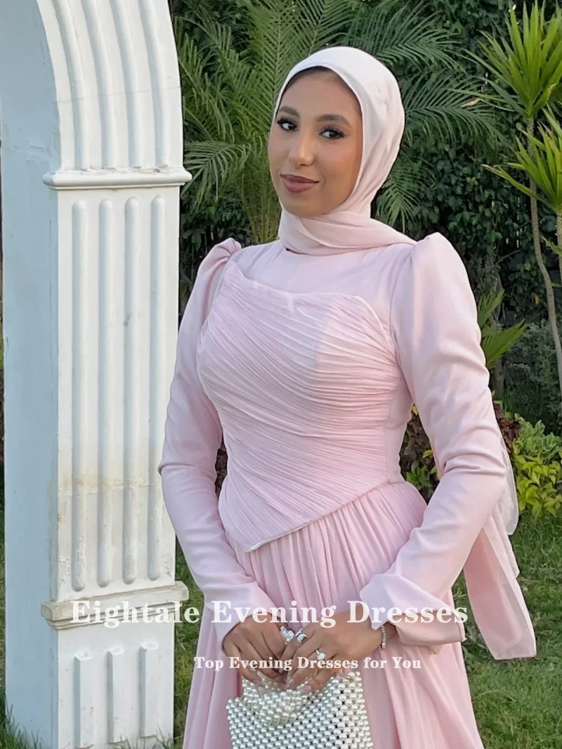 Eightale アラビア語イブニングドレス O ネックカスタマイズされた A ラインライトピンクシフォンイスラム教徒長袖プロムウェディングパーティードレス
