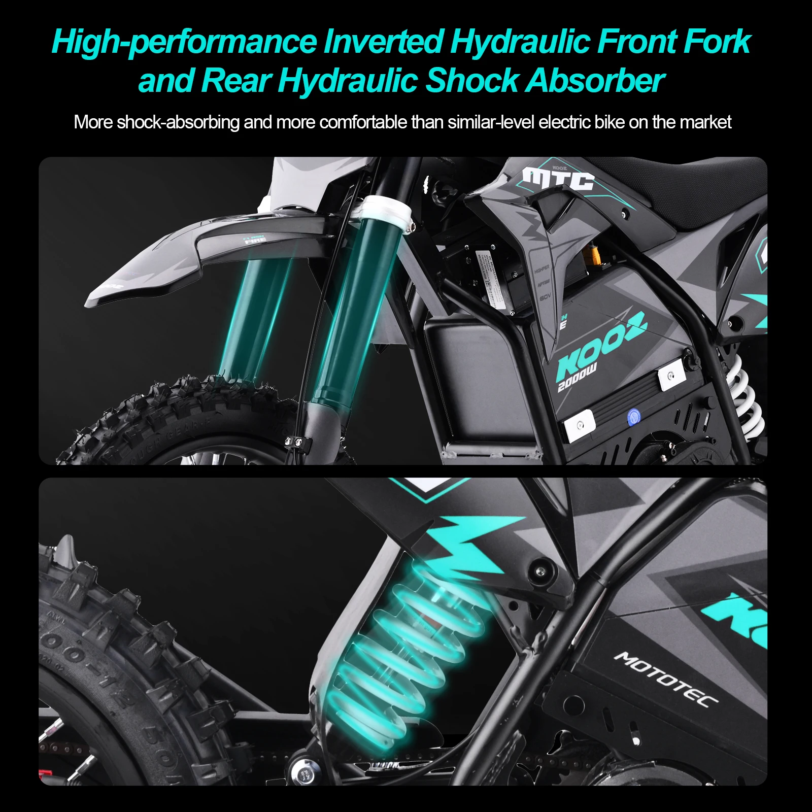 KOOZ HP115E Electric Dirt Bike 2000W Motor 60V15.AH Lithium Battery Electric Motorcycle Hydraulic Brake 14" Fat Tire Snow E-bike