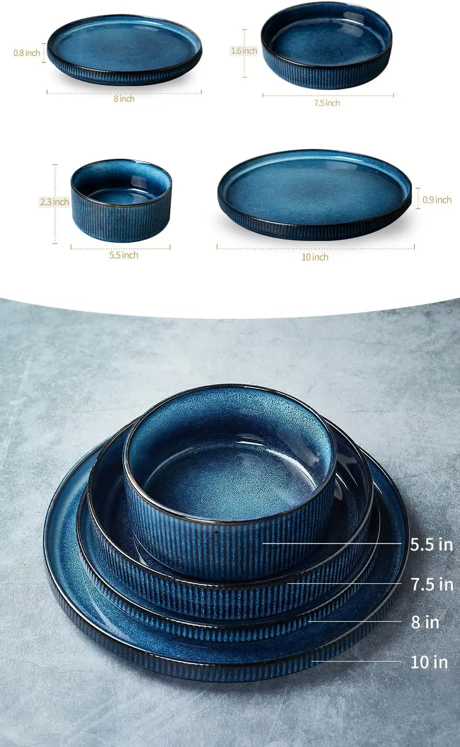 Star Dinnerware Set with Plates and Bowls, Service for 4 (16-Piece), Stoneware Kitchen Dishes Dinner Sets - Nebulas Blue