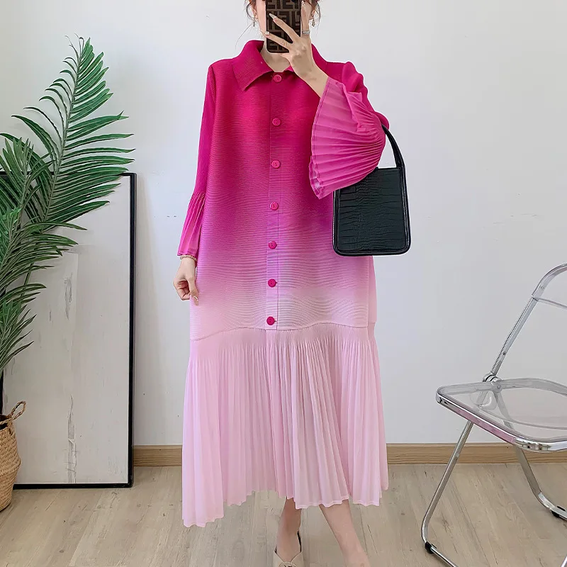 Miyake Factory Direct Sales 2025 Spring And Summer New Pleated Fashion Print Cardigan Lapel Dress Women Loose Casual Dress