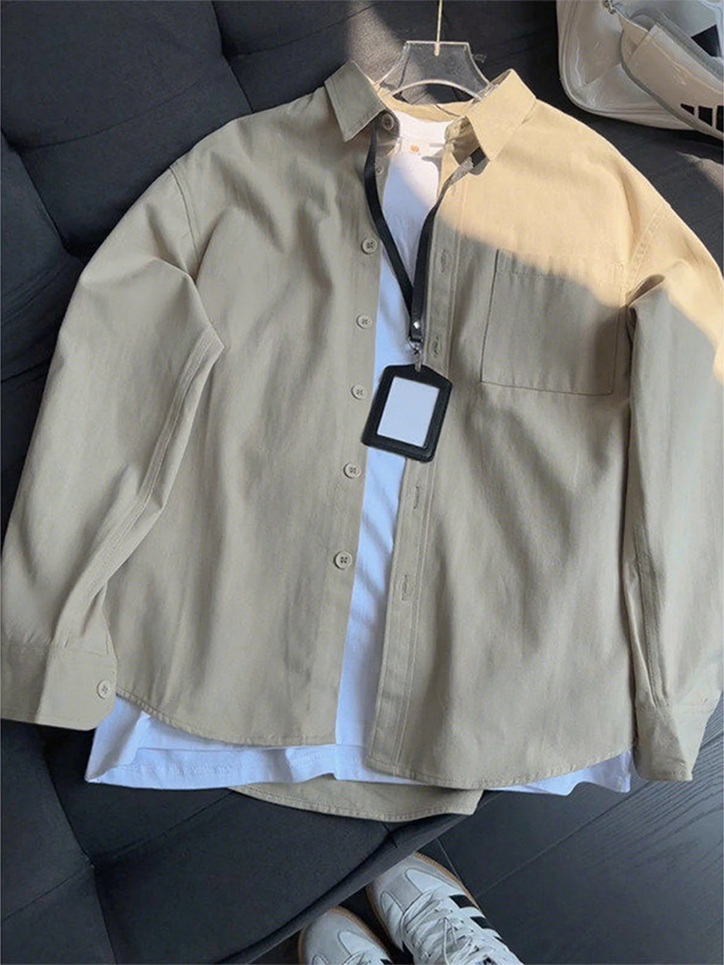 

Khaki Pure Cotton Long Sve irt Men's Spring Autumn Casual American Retro Layering Leisure Workwear irt Coat