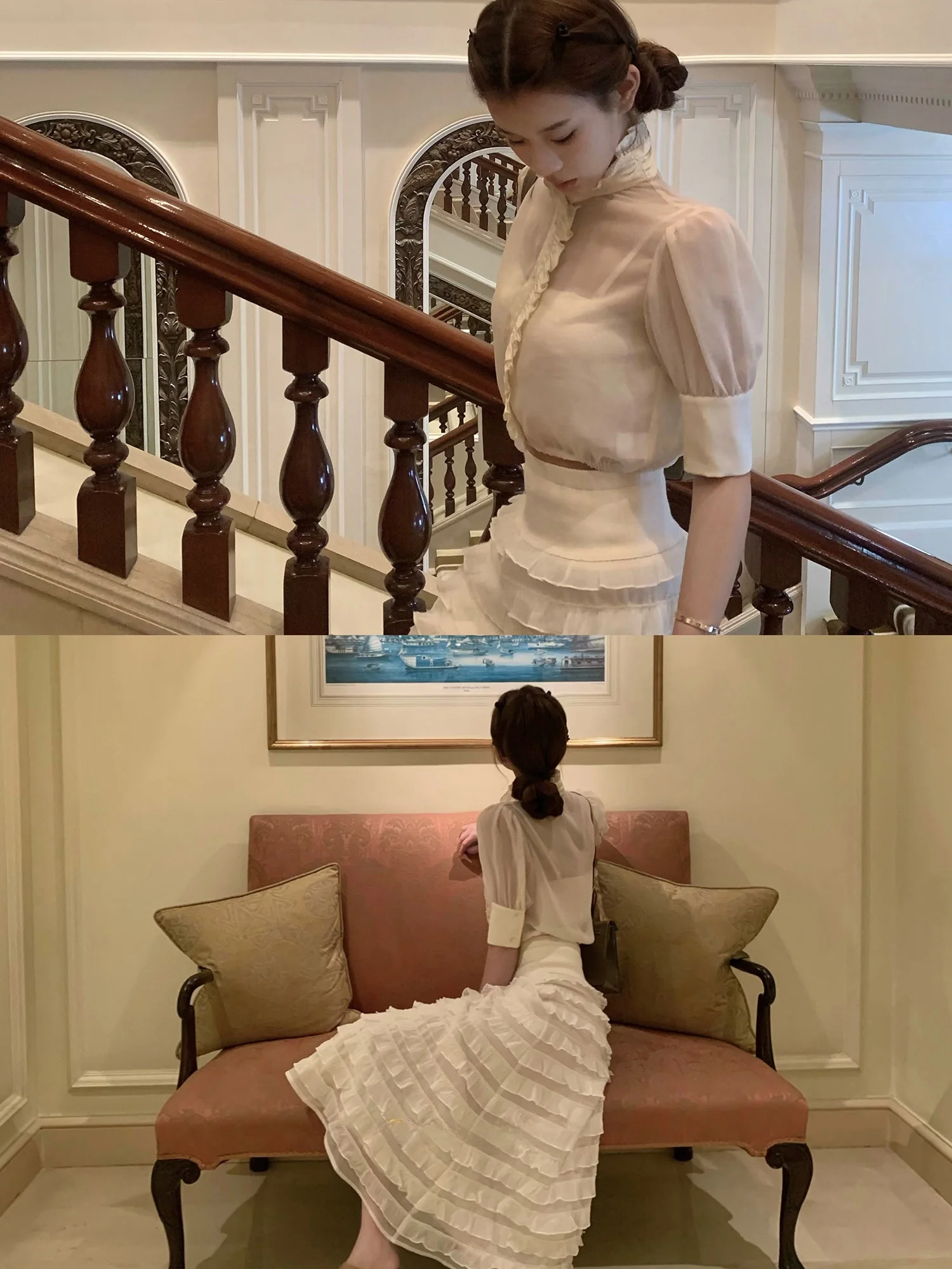 

Женская рубашка Wuuus Alice в элегантном стиле с высоким воротником, прозрачными рукавами-фонариками, сексуальным дизайном и отворотами, из полиэстера, с коротким рукавом