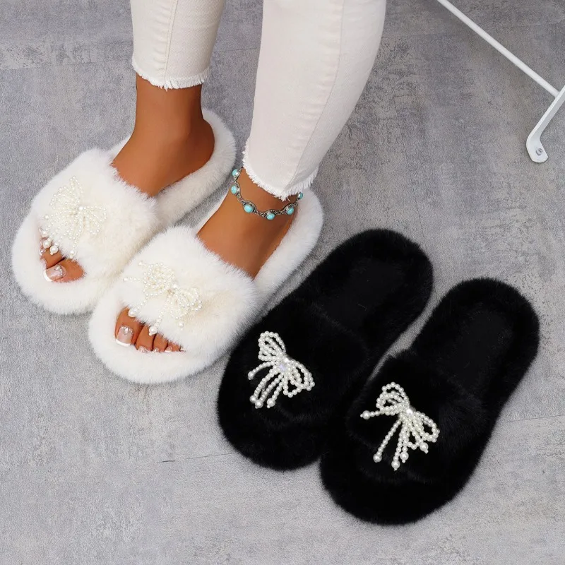 Winter New Pearl Bow Decor Simple Style Women's Cotton Slippers 2026 Fashion Round Toe Casual Open Toe Warm House Women Shoes