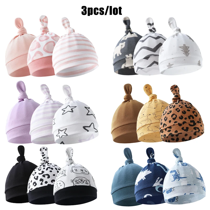 

3Pcs/lot Newborn Baby Hat Cute Knotted Printed Beanie Spring Autumn Infant Bonnet Cotton Soft Boys Hats Girls Shower Gift 0-6M