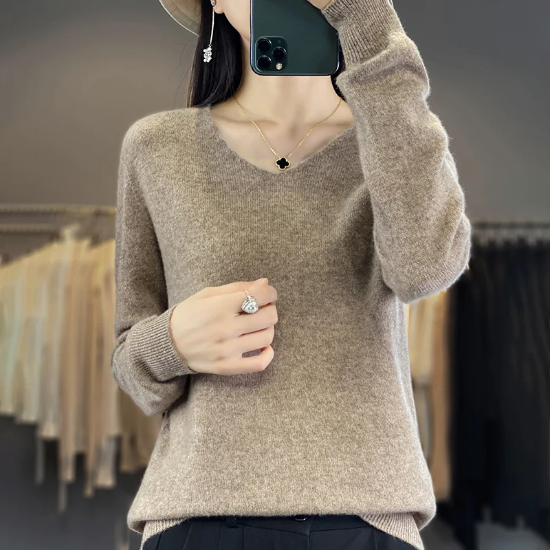 Women\'s 100% Wool First-line ready to wear Clothing Spring Autumn V-Neck Knitted Pullover Slim Fit Fashion Versatile Basic Tops