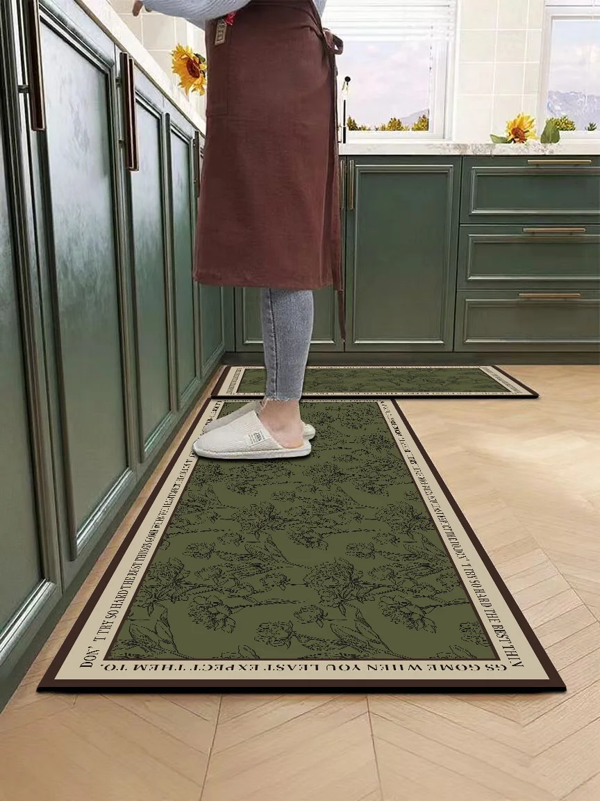 New US vintage sketch floral & letter border kitchen/bath rugs, non-slip, high water absorbency, washable.