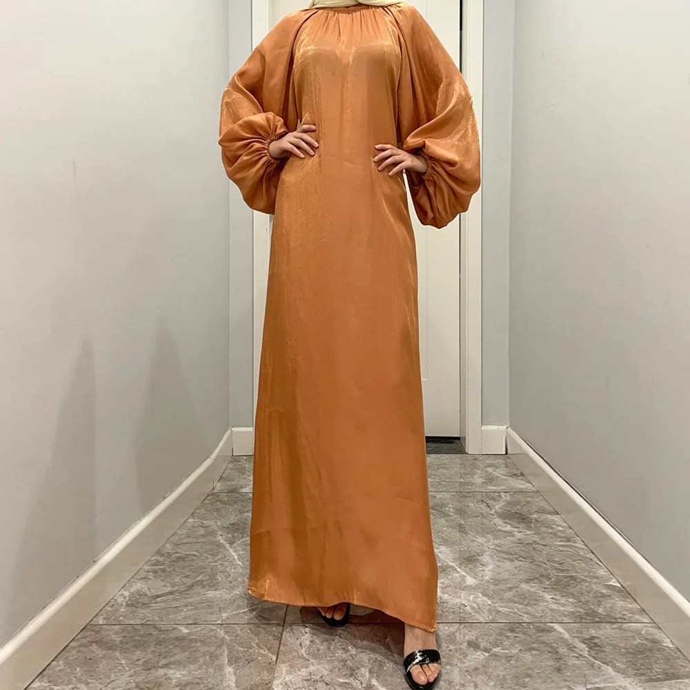 Ramadan Eid Djellaba Muslim Dress Dubai Fashion Elastic Puff Sleeve Soft Shiny Abaya Dubai Turkey Muslim Kimono Islam Robe WY840